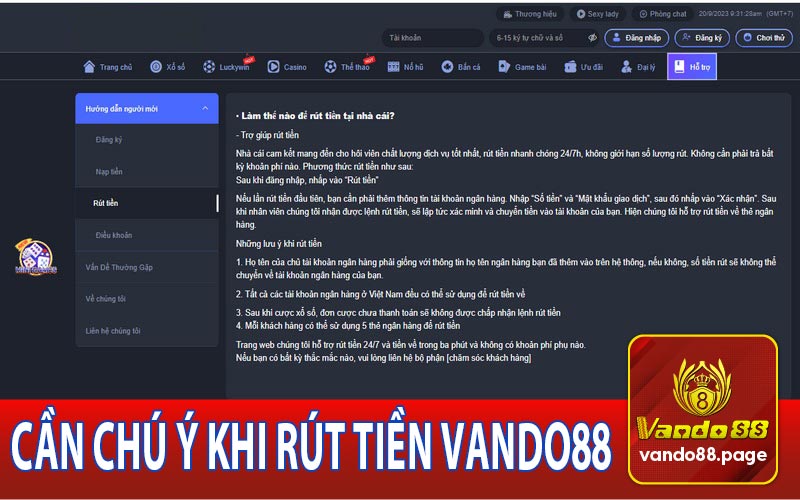 Những điều cần lưu ý khi rút tiền tại Vando88